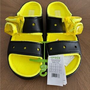 CROCS Men's Black Sandals with Neon Yellow Footbed and Yellow Pouch